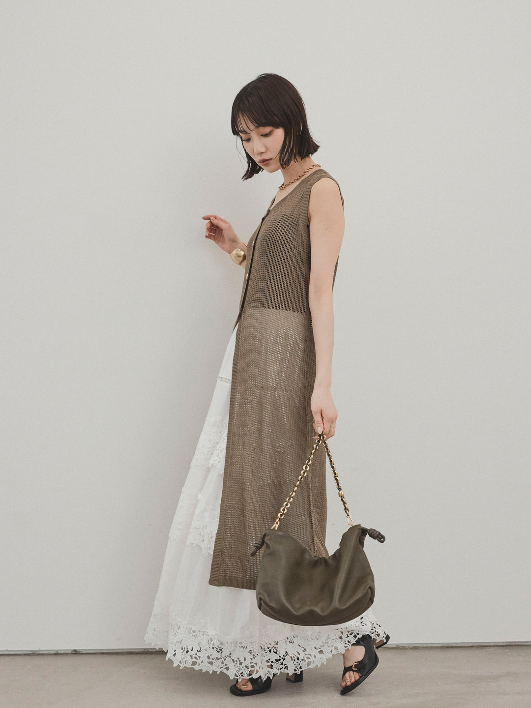 [SET]アソートボタンニットロングジレ+スカラップレースロングスカート(2set)