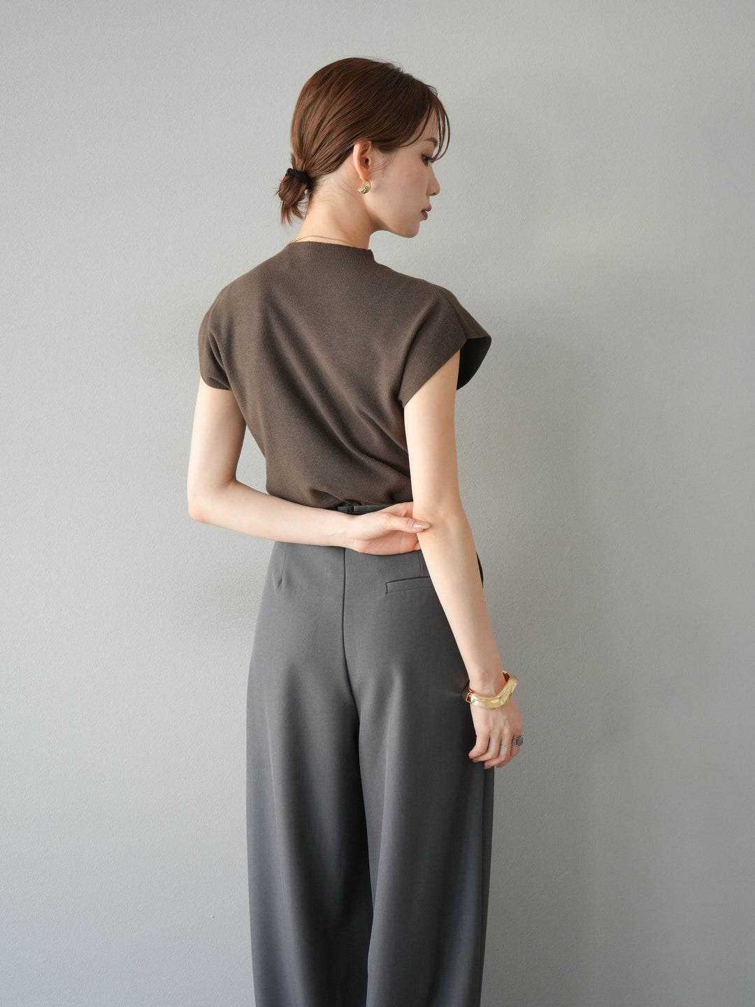 [予約]プチネックフレンチニットトップス/ブラウン