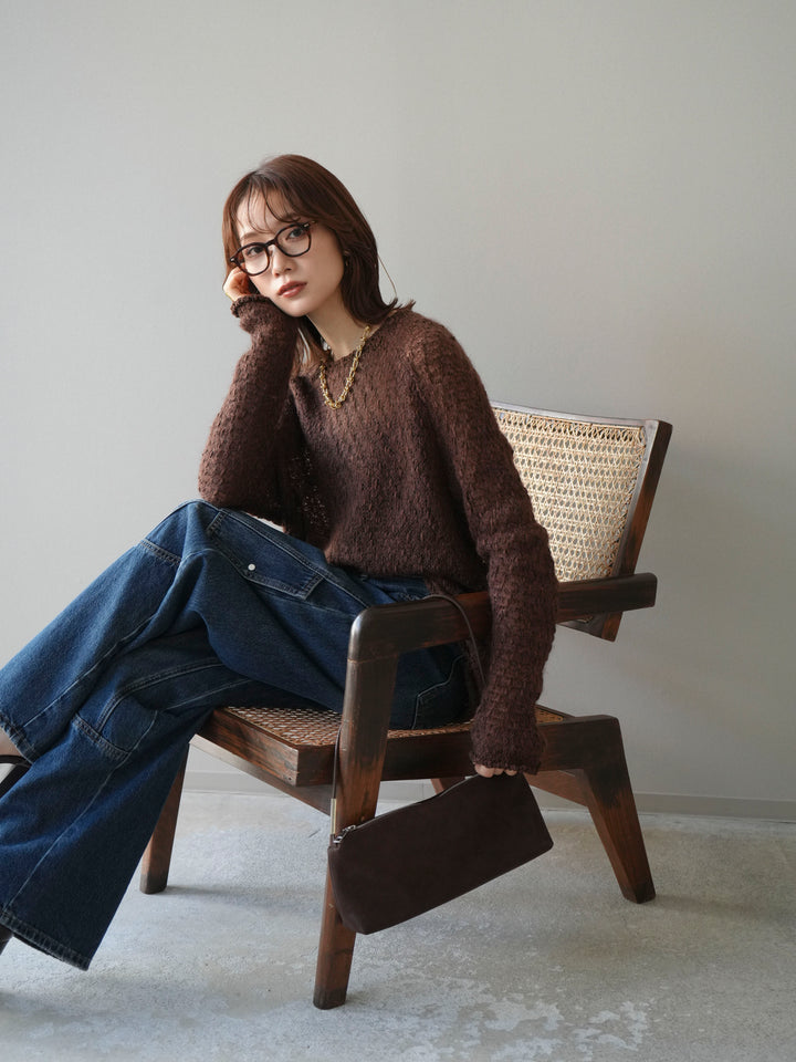 [予約]透かし編みモヘアタッチポコポコニットプルオーバー/brown