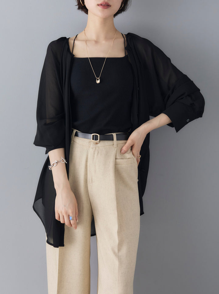 [Pre-order] Sheer No-Collar 2-Way LS Blouse/Black