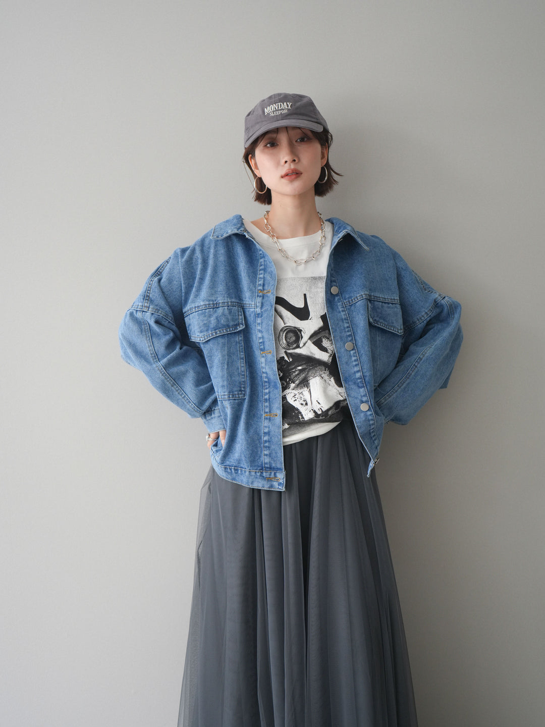 [SET]ルーズシルエットデニムジャケット+チュールボリュームスカート(2set)