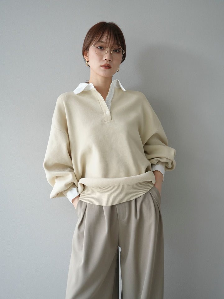 【SET】翻領polo針織套衫+雙褶闊腿褲（2件組）