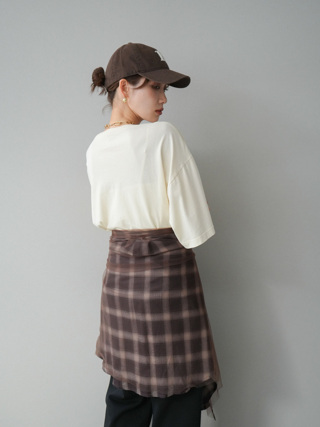 [SET]ピグメントロゴプリントTシャツ+2WAYデザインスウェットパンツ+チュールドッキングチェック柄オーバーサイズシャツ(3set)