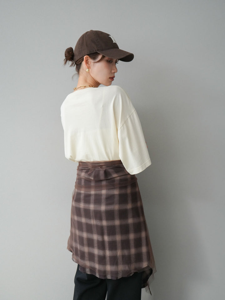 [SET]ピグメントロゴプリントTシャツ+2WAYデザインスウェットパンツ+チュールドッキングチェック柄オーバーサイズシャツ(3set)