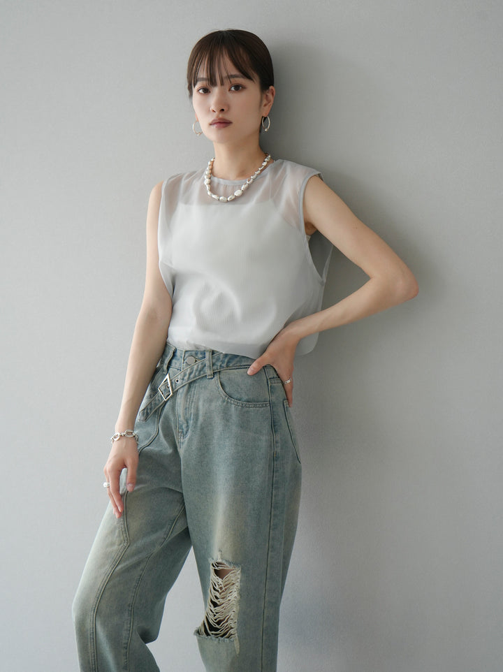 [SET] Organdy sleeveless top + belt asymmetrical damaged denim (2set)