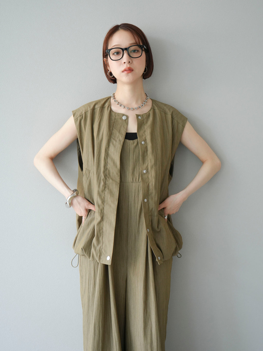 [SET]リネンライクビスチェデザインサロペット+リネンライクドロストバルーンブルゾン(2set)