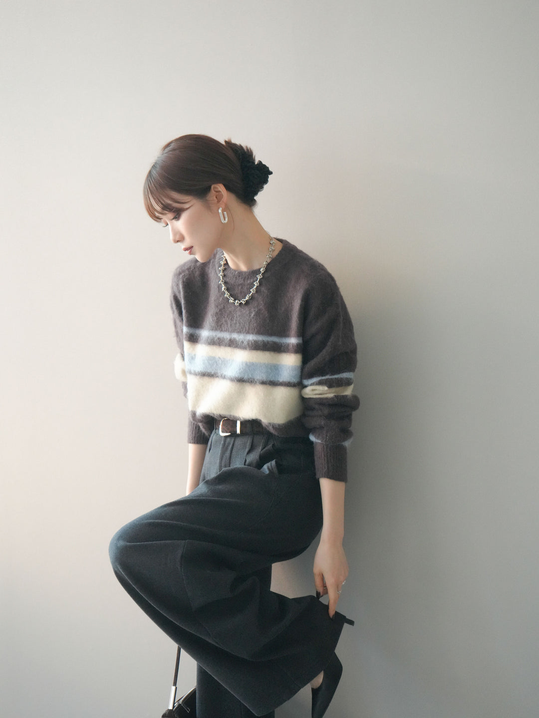 [予約]ソフトタッチボーダークロップドニットプルオーバー/brown