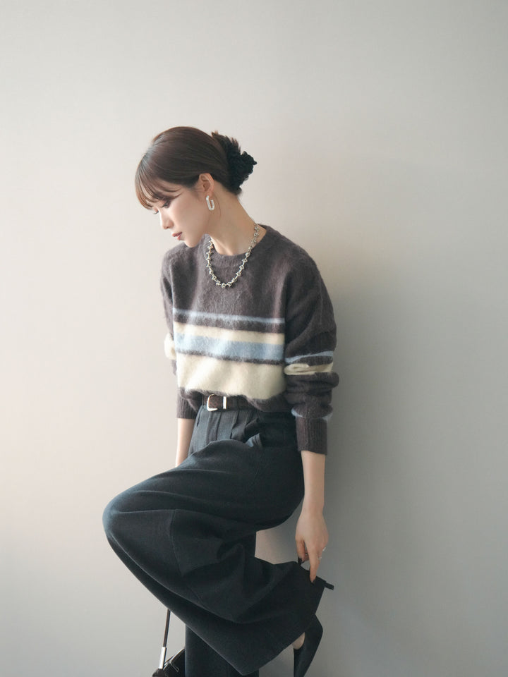 [予約]ソフトタッチボーダークロップドニットプルオーバー/brown