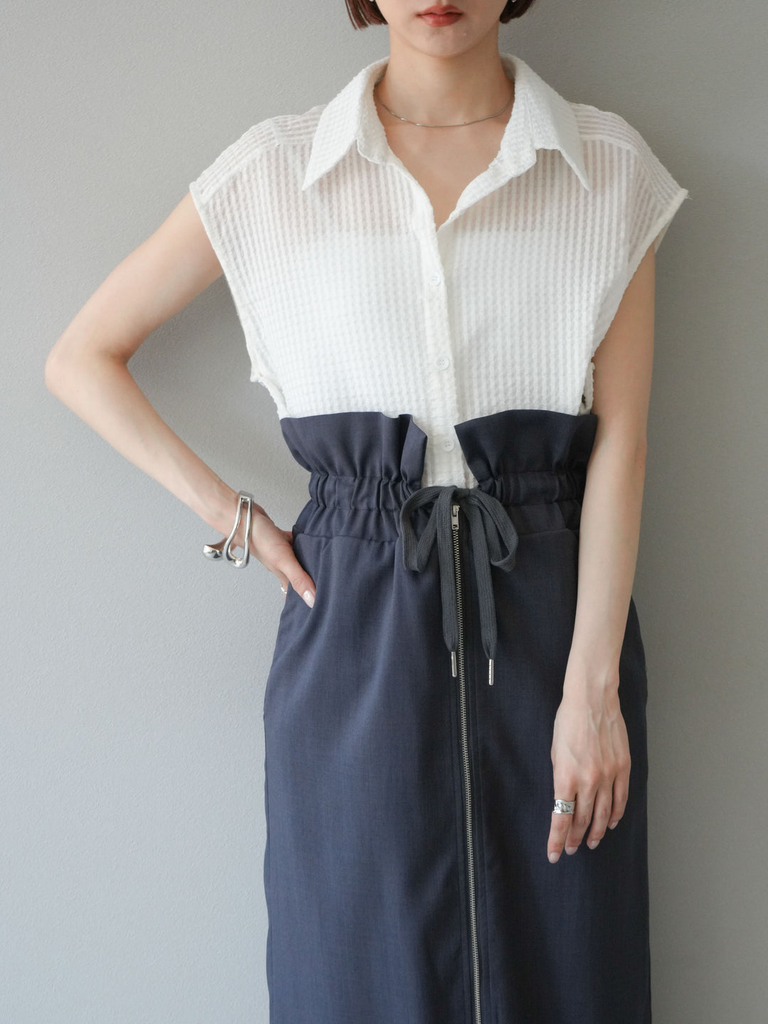 [SET]シアーチェックノースリーブシャツ+ヘザーエステルギャザージップスカート(2set)