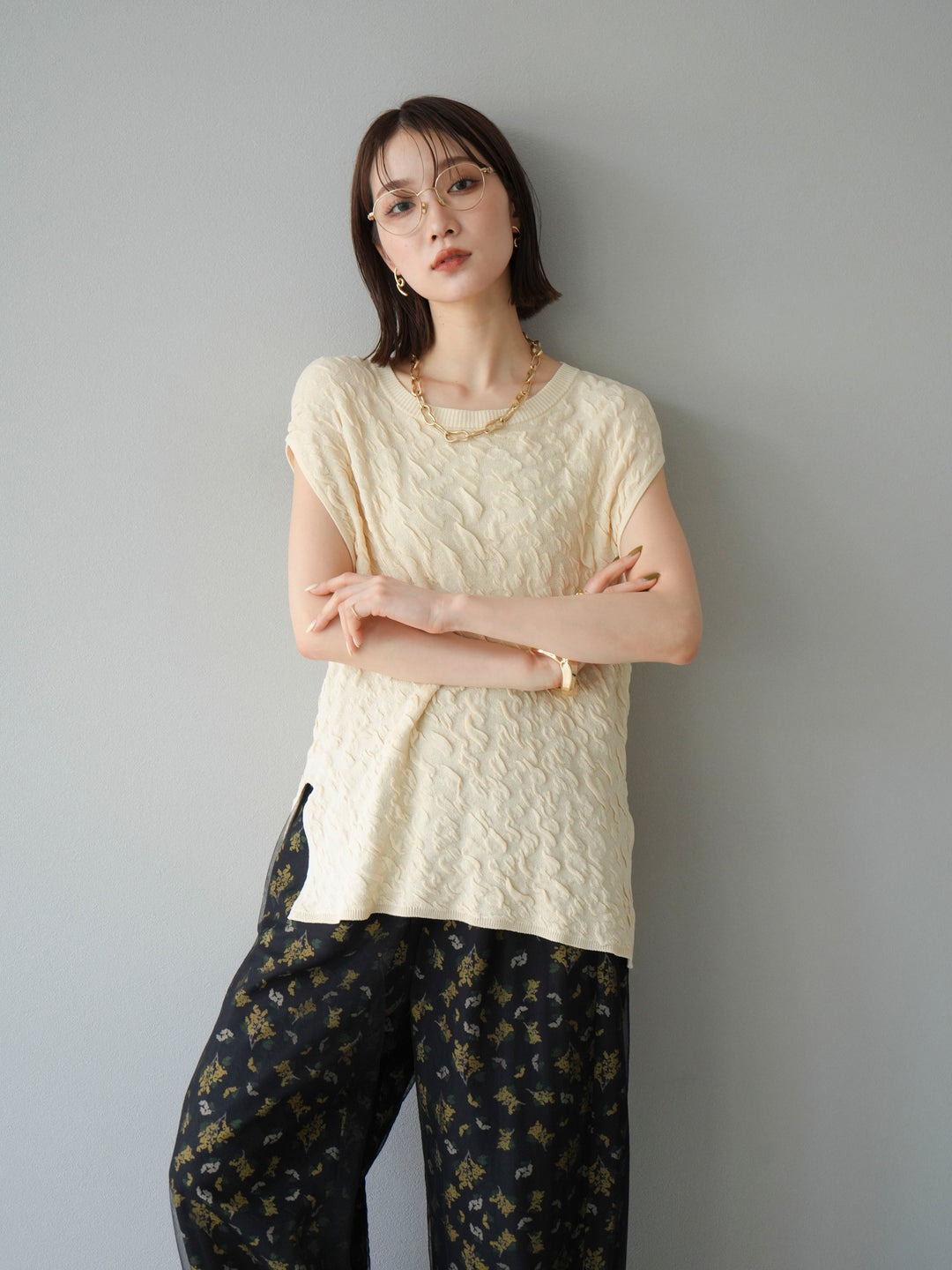 [SET]ポコポコノースリーブニットプルオーバー+コード刺繍チュールレイヤードパンツ(2set)