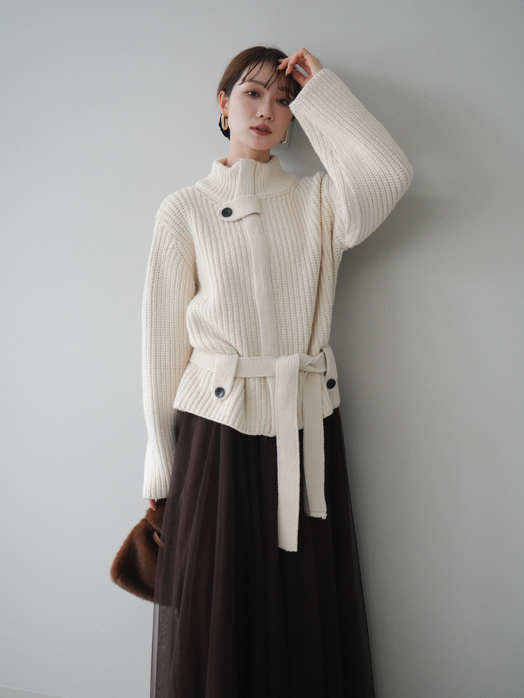 [SET]畦編みボトルネックZIPニットカーディガン+選べるアクセセット(2set)