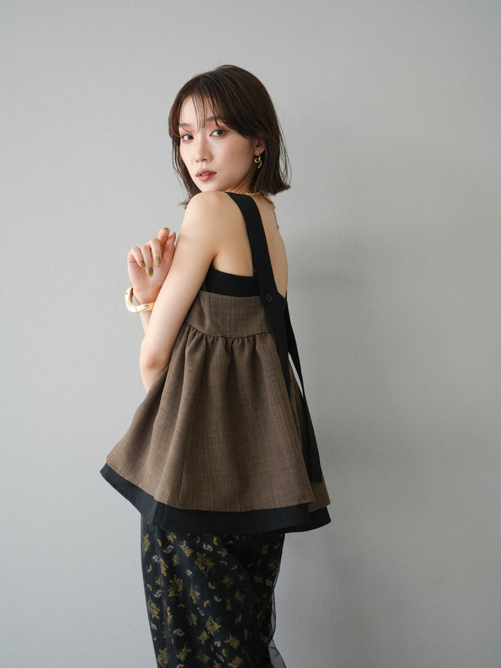 [SET]リネンライク配色フレアタンクトップ+ブーケプリントタックパンツ(2set)
