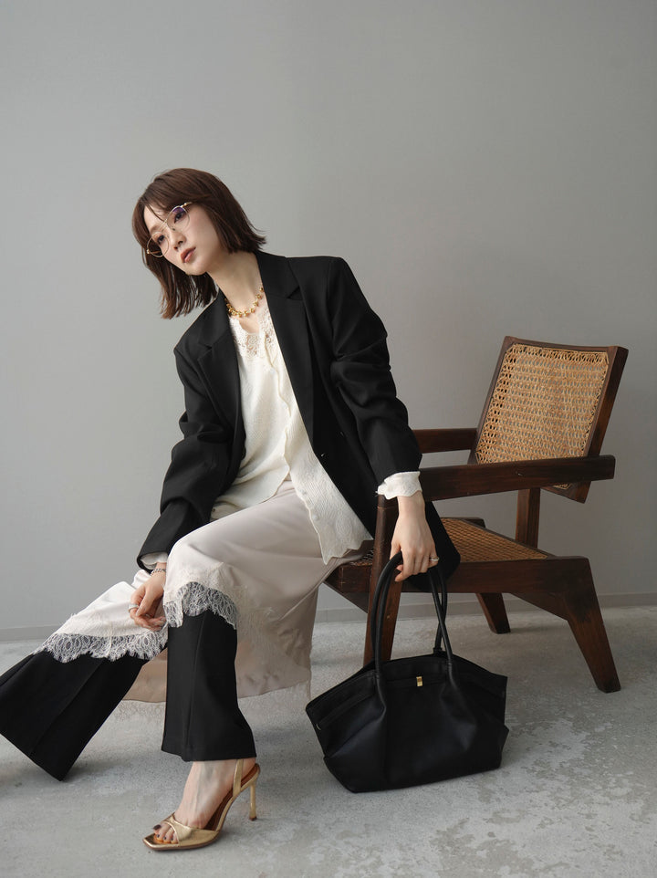 [SET]ダブルブレストオーバージャケット+サテンライクアシメレーススカート+センターシームフレアパンツ(3set)