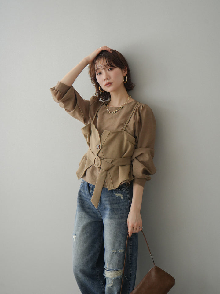 [SET]異素材ビスチェドッキングブラウス+異素材ビスチェドッキングブラウス(2set)