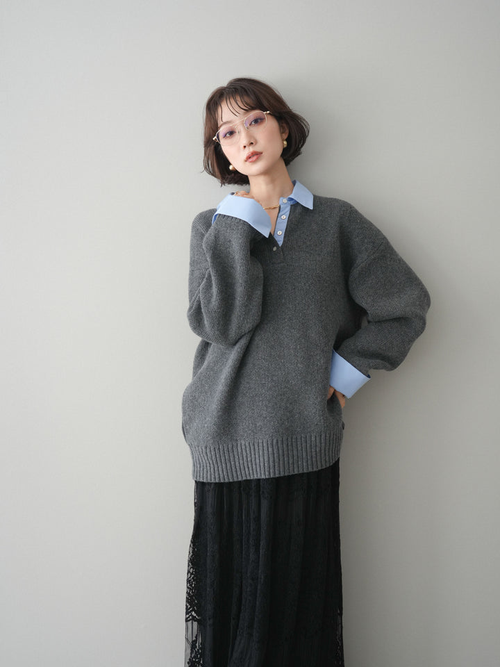 [予約]シャツドッキングオーバーニットプルオーバー/charcoalsax