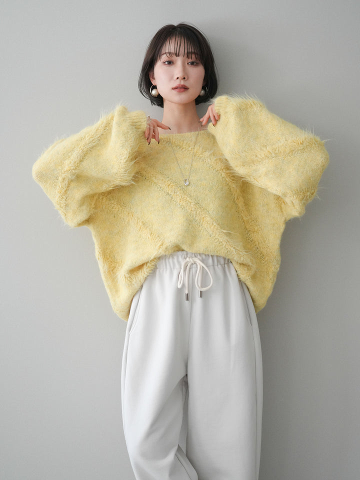 [SET]シャギーデザインニットプルオーバー+裾ZIPスエットワイドパンツ(2set)