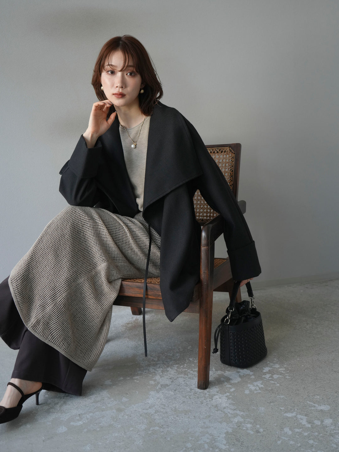 [予約]メッシュ切替ノースリーニットワンピース/beige