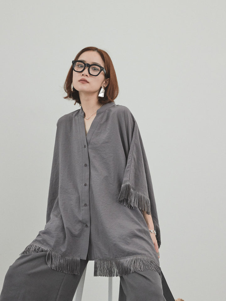 [SET] 方形流蘇斗篷襯衫 + 亞麻觸感褶皺寬褲 (2 件套)
