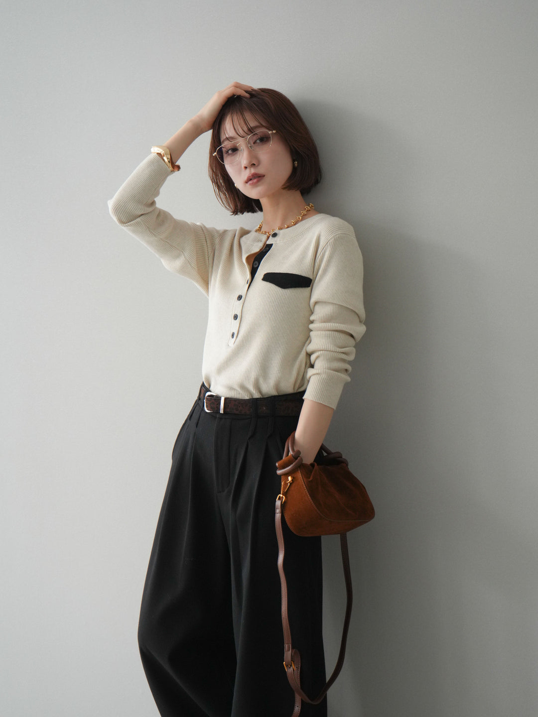 [SET]バイカラーデザインポケット配色ヘンリーネックニットソー+アニマル柄ベルト付きウールタッチワイドパンツ(2set)