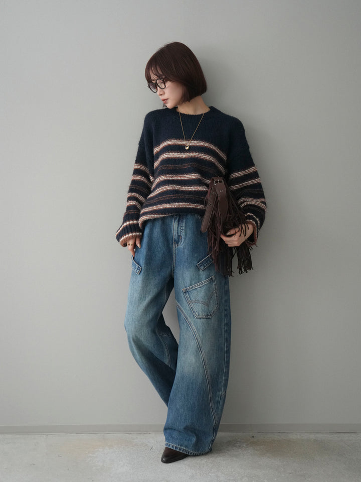 [SET]ステッチボーダーニットプルオーバー+ペインターカーブデニムパンツ(2set)