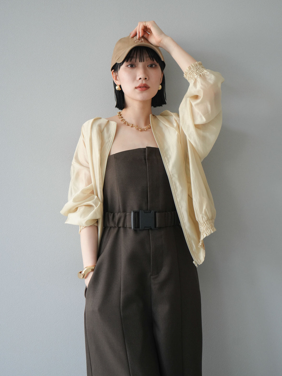 [SET]タックデザインシアーブルゾン+ヘザーツイルベルト付ベアサロペット(2set)