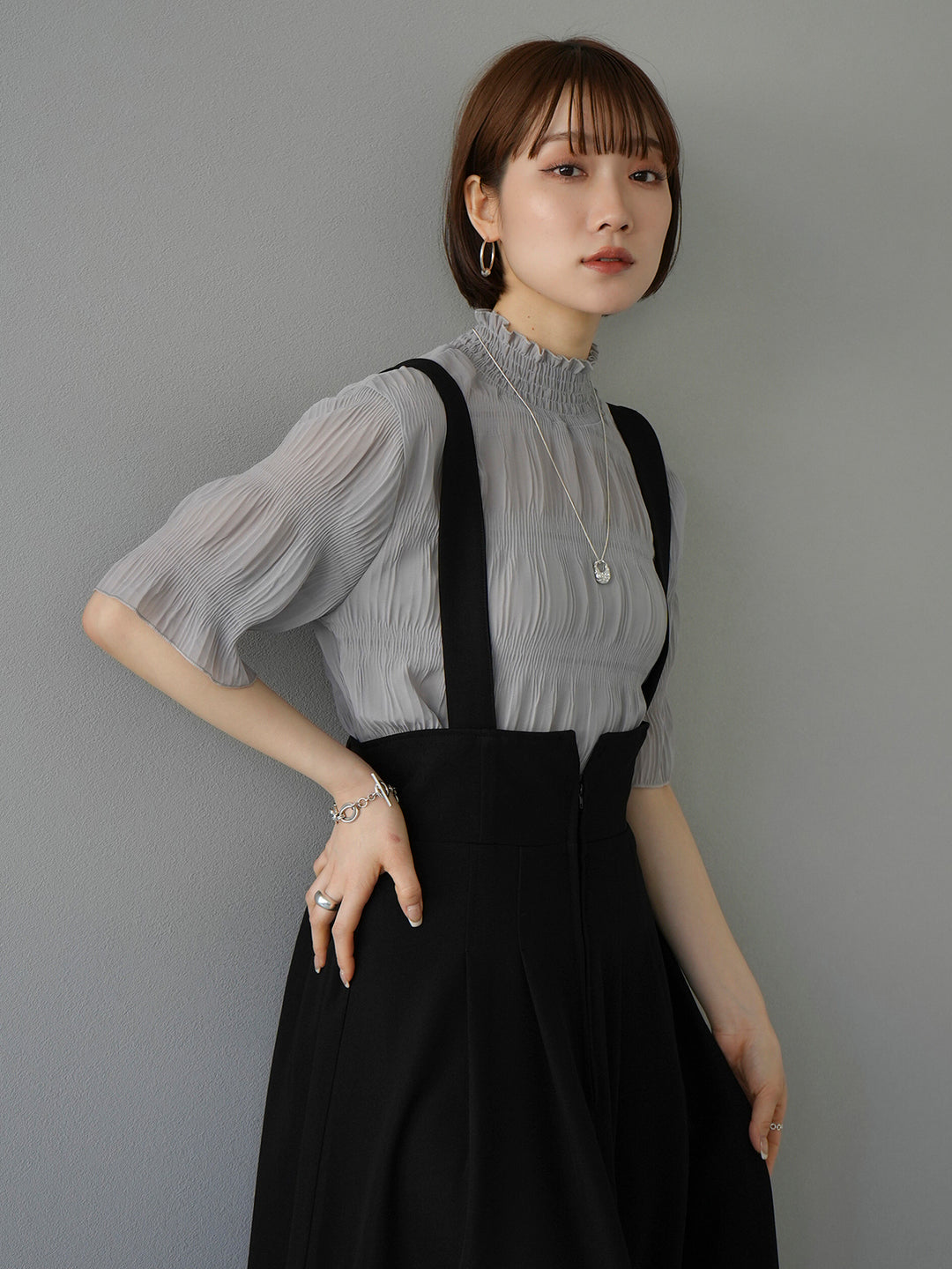 [SET] Shirring chiffon half sleeve blouse + 2WAY flare jumper skirt (2set)