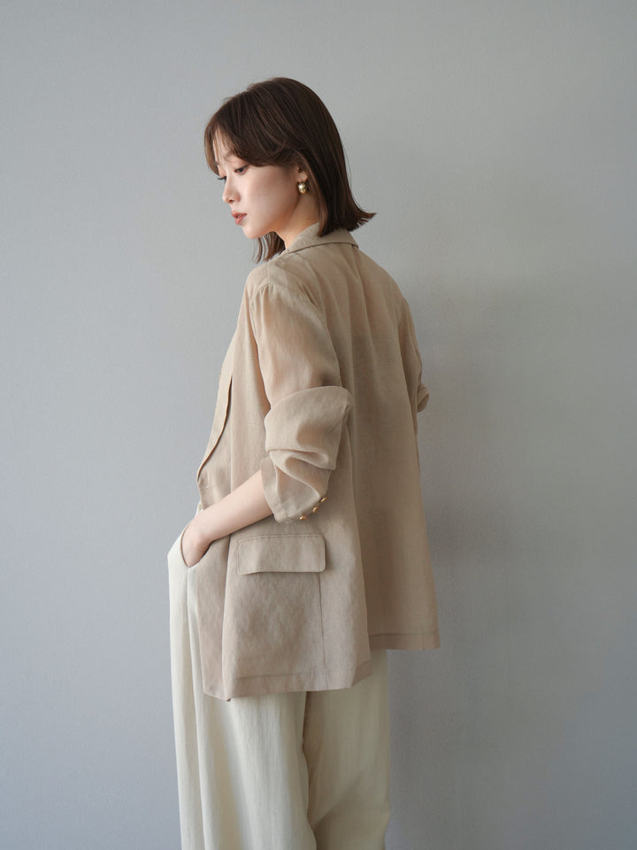 [SET] 金色扣環透視外套 + 滾邊花朵透視天鵝絨吊帶背心 + 繩紋腰帶麻感寬褲 (3 件套)