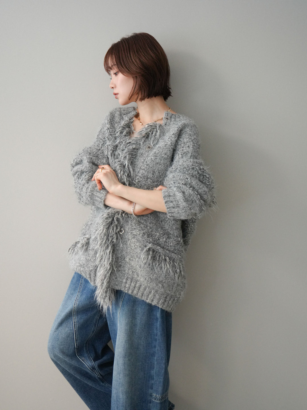 [SET]ミックスヤーンフリンジデザインニットジャケット+裏起毛加工デニムカーブパンツ(2set)