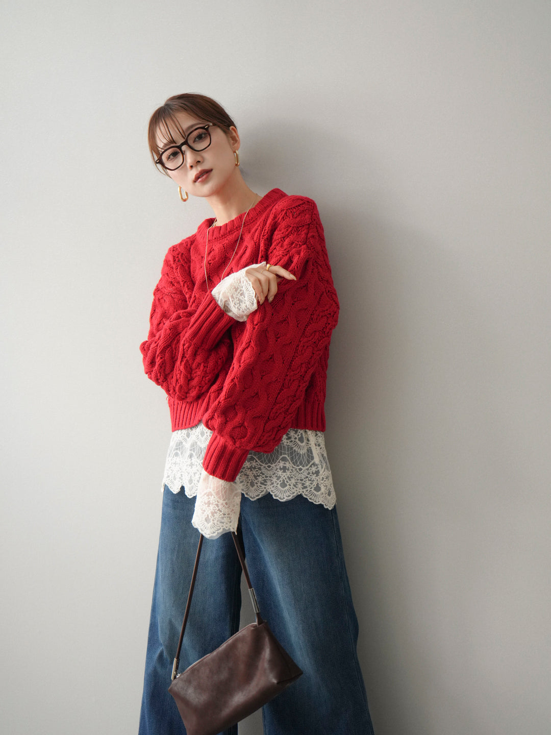 [SET]バルキーケーブルクロップドニットプルオーバー+裏起毛裾フリンジワイドデニムパンツ(2set)