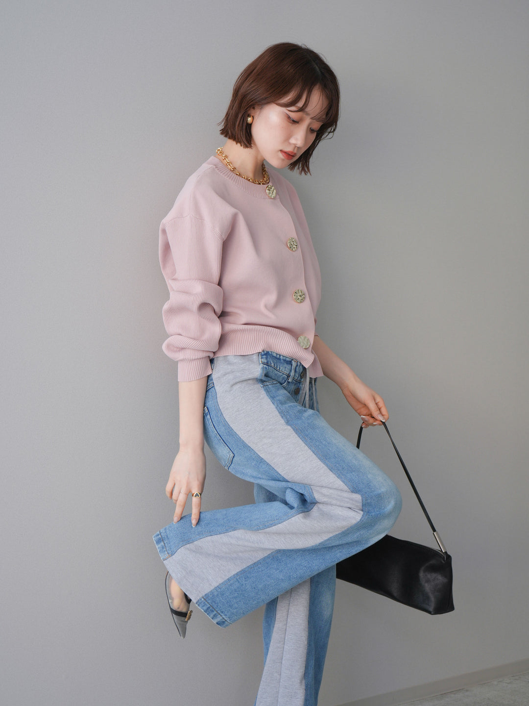 [SET]メタルボタンクルーネックニットカーディガン+デニム切替スウェットパンツ(2set)