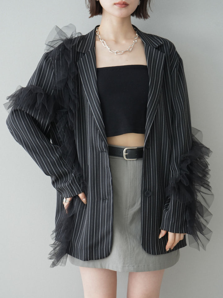 [予約]アシンメトリーチュールストライプジャケット/black