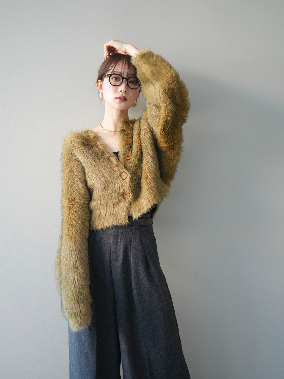 [予約]ミックスシャギーショートニットカーディガン/green