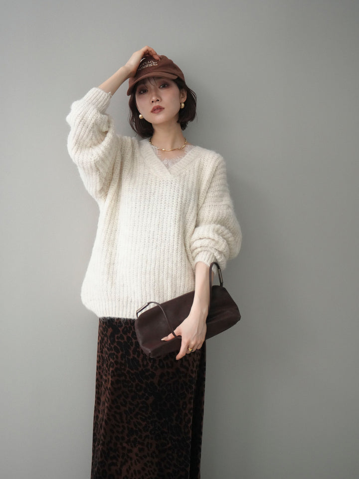 [SET]Vネックレースニットプルオーバー+レオパードベロアナロースカート(2set)