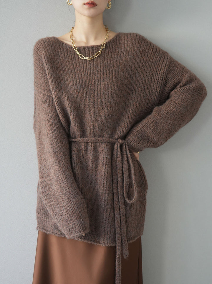 [予約]紐付きあぜ編みオーバーニットプルオーバー/ブラウン