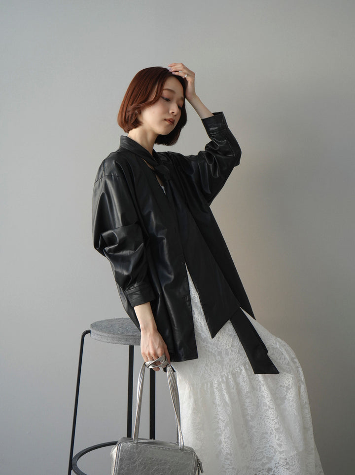 [SET]ギャザー切替レースキャミワンピース+フェイクレザーボウタイブラウス(2set)