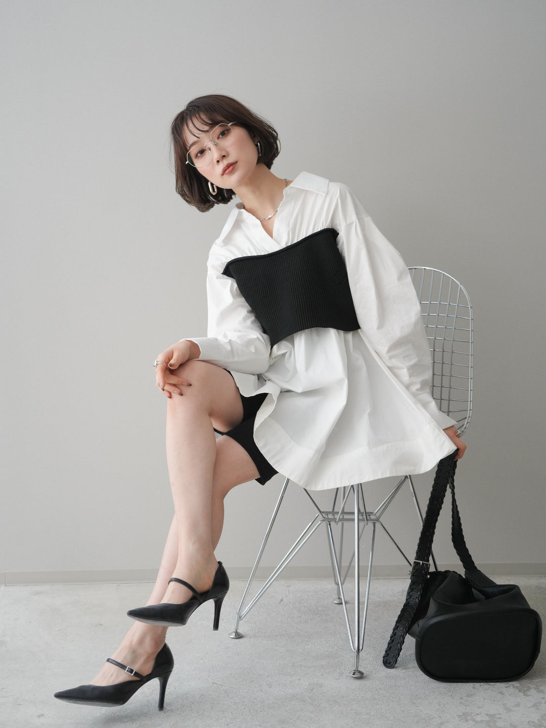 [予約]ニットビスチェドッキングフレアシャツチュニック/offwhite