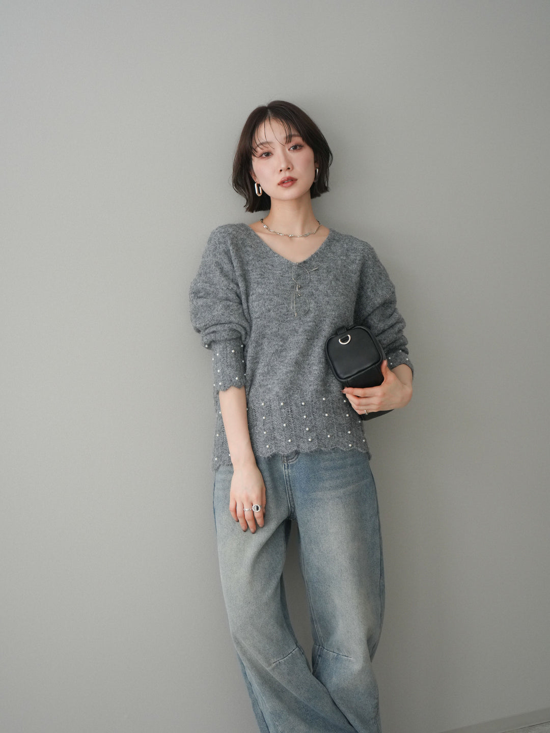 [SET]パールフリルリブヘムニットプルオーバー+選べるアクセセット(2set)