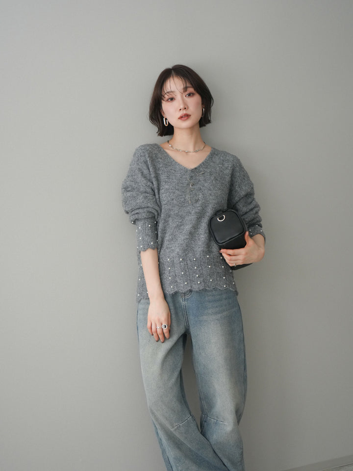[SET]パールフリルリブヘムニットプルオーバー+選べるアクセセット(2set)