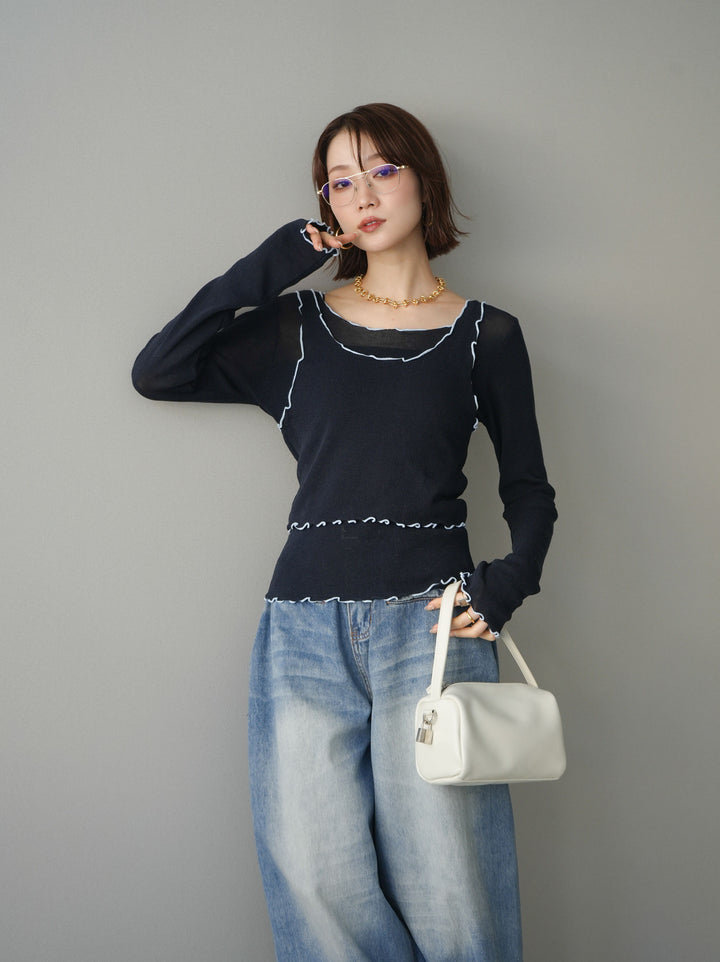 [予約]バイカラーメローアンサンブルシアーニットトップス/navy