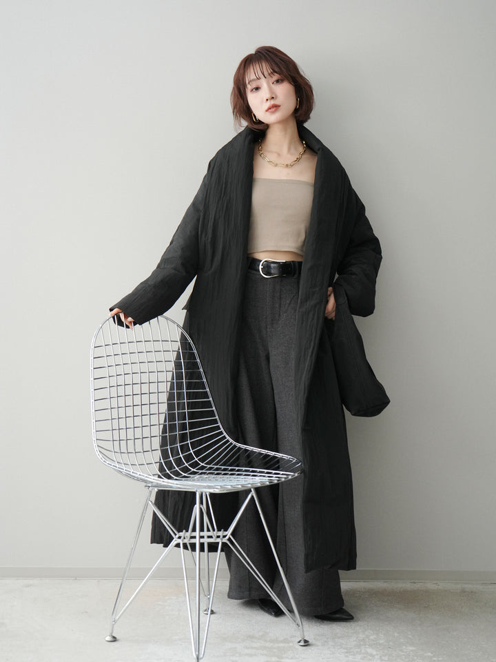 [SET]ロングダウンコート+カップ付テレコリブベアキャミソール+ベルト付起毛コクーンパンツ(3set)