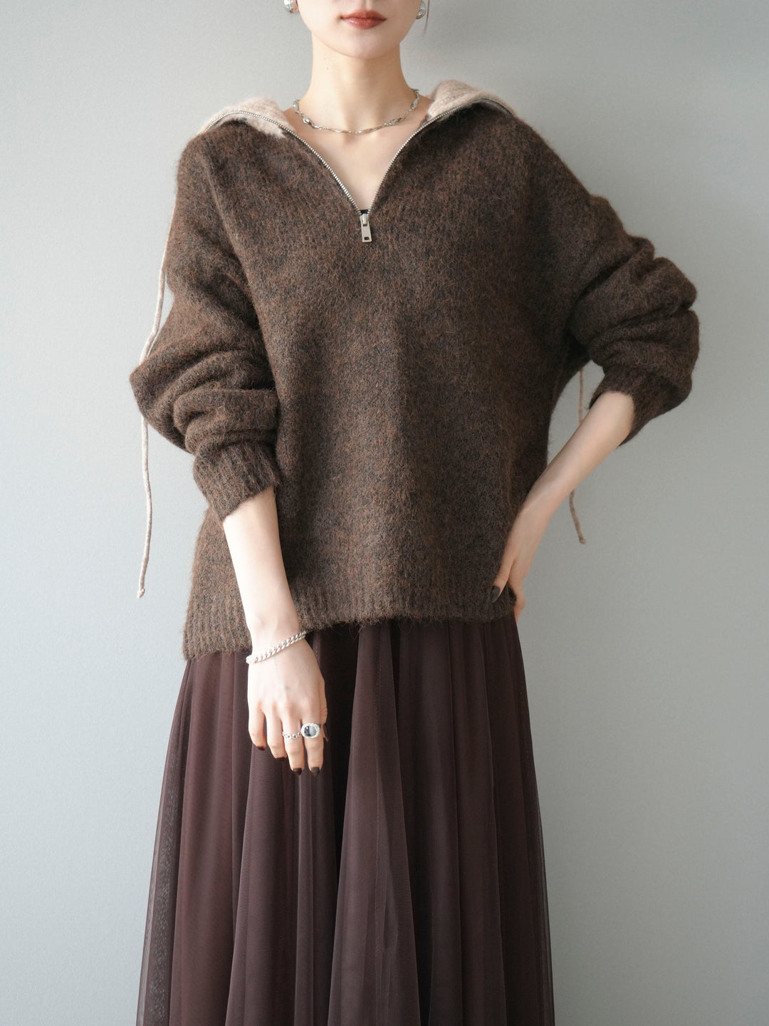 [予約]バイカラージップニットプルオーバー/brown