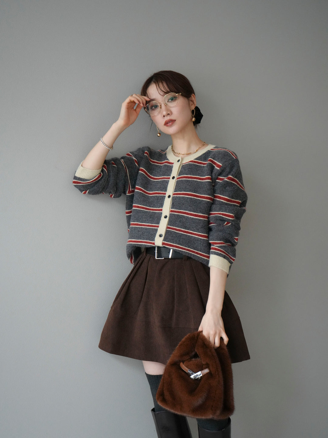 [予約]配色ボーダーニットカーディガン/gray