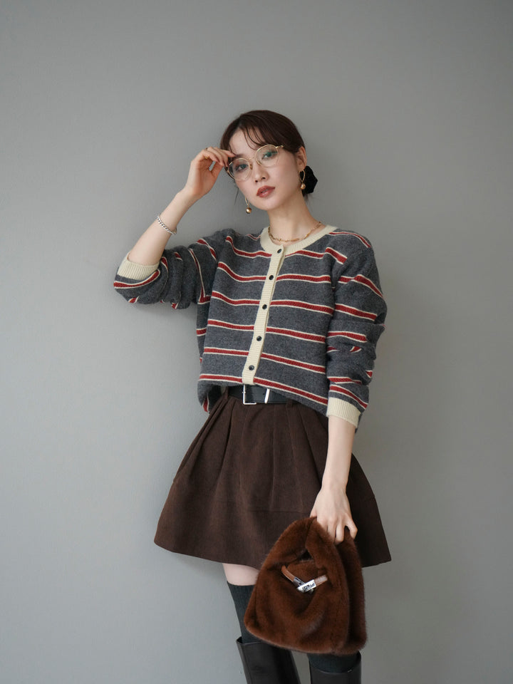 [予約]配色ボーダーニットカーディガン/gray
