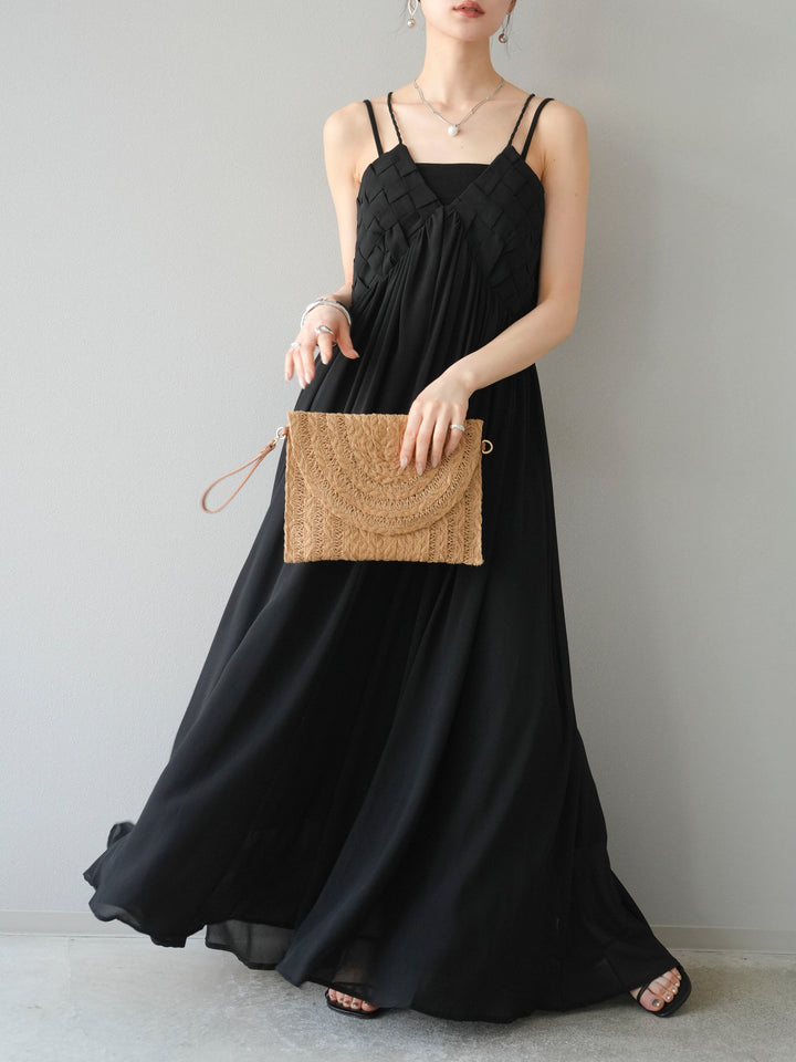 [SET]編み込みデザインシフォンワンピース+カップ付テレコリブベアキャミソール(2set)