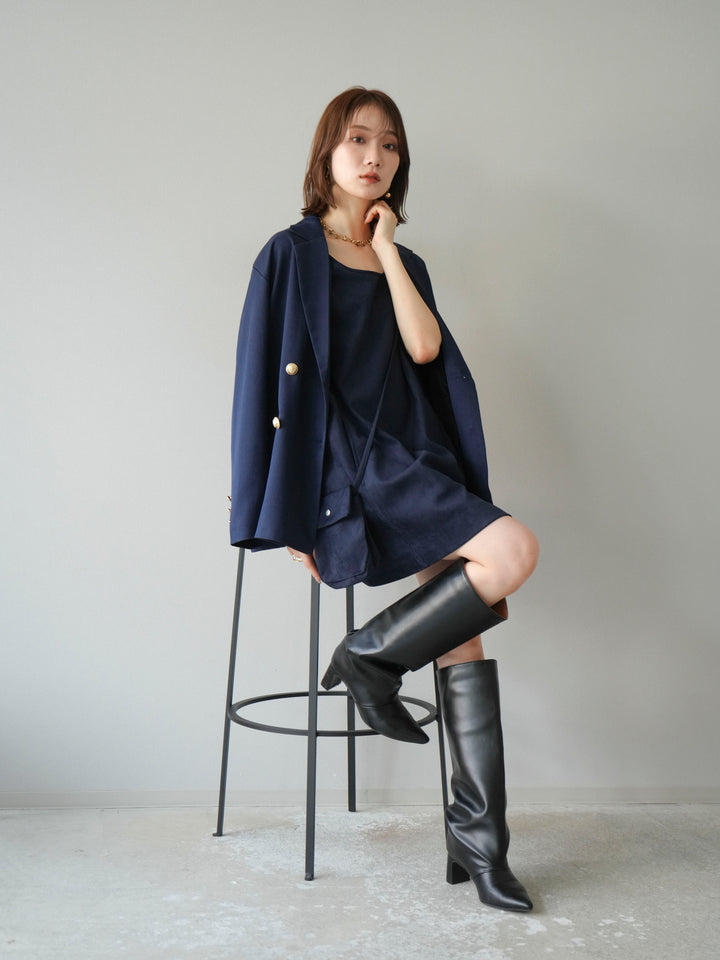 [SET]ゴールドボタンツイルダブルテーラードジャケット+ショルダーポーチ付スウェードミニワンピース(2set)