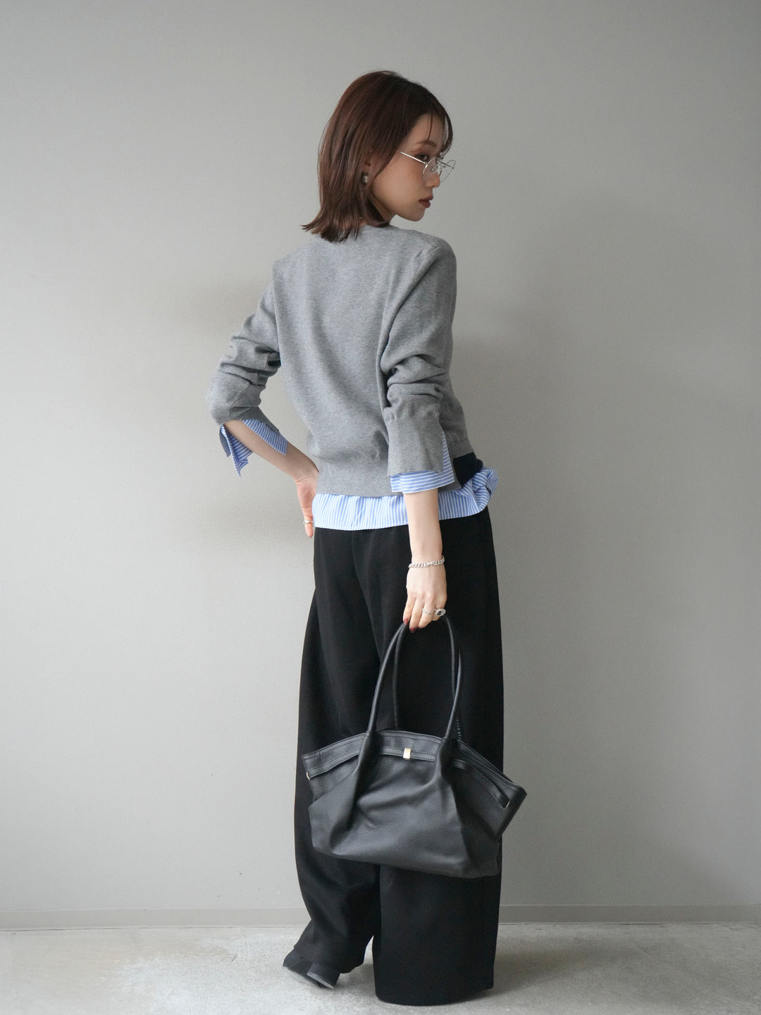 [SET]シャツ襟レイヤードニットカーディガン+ベルト付スウェットワイドパンツ(2set)