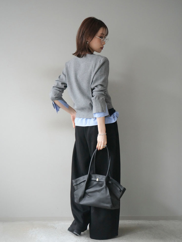 [SET]シャツ襟レイヤードニットカーディガン+ベルト付スウェットワイドパンツ(2set)