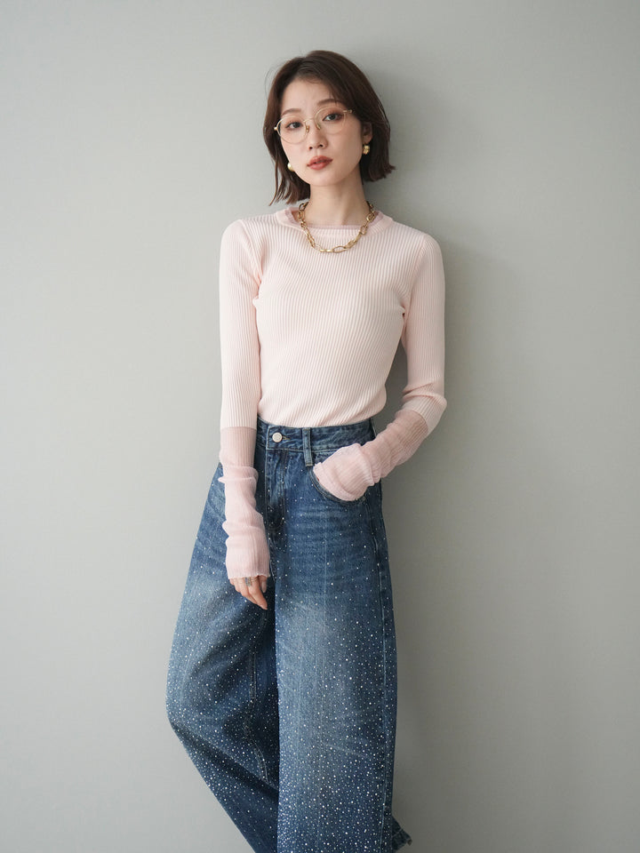 [SET]リブラメシアー切替リブニットトップス+ラインストーンカーブデニムパンツ(2set)