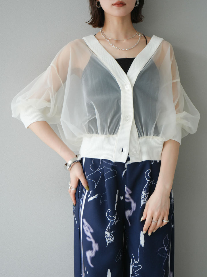 [SET] 透視半袖褶皺開襟衫 + 彩繪圖案褶襉褲 (2set)