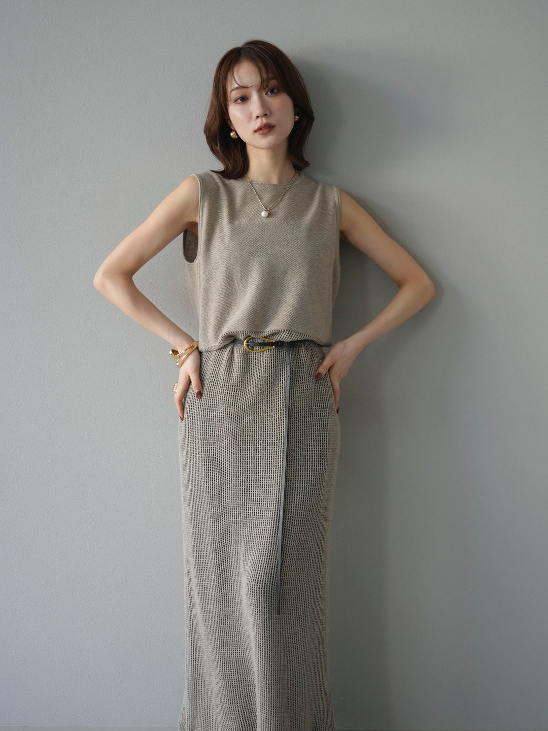 [予約]メッシュ切替ノースリーニットワンピース/beige